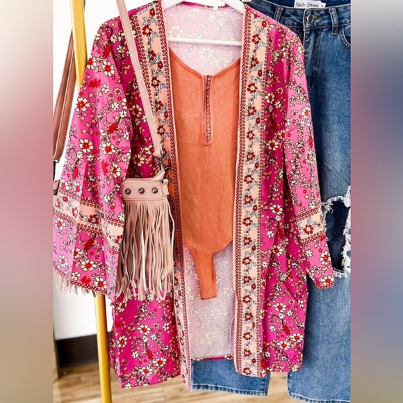 Vibrant Pink and Orange Oversized Graphic Bodysuit 3/4 Sleeve - Picture 1 of 10